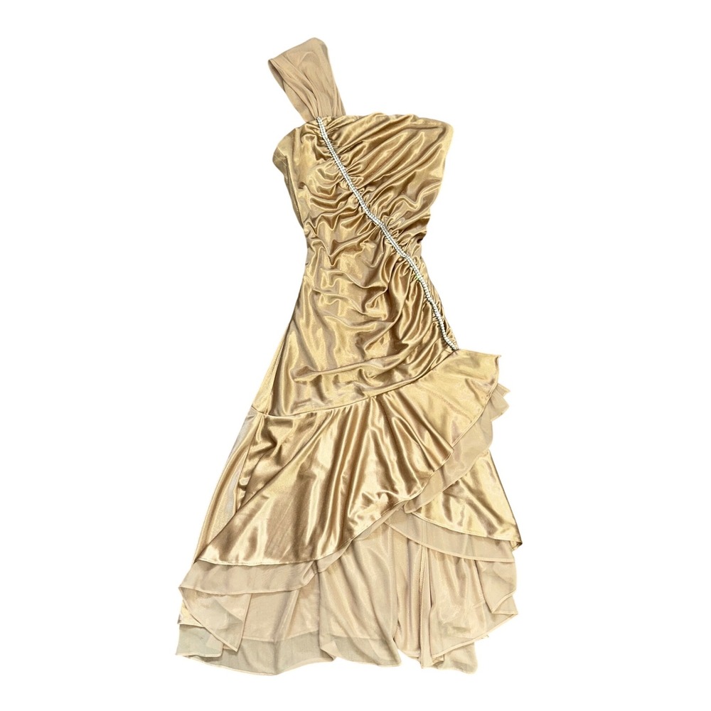 Vtg Gold Fairy Asymmetrical One Shoulder Rhinestone Ruffle Dress Small whimsy